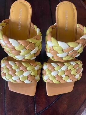Marc Fisher Braided Two-Band Slide Sandals in Yellow White Tan